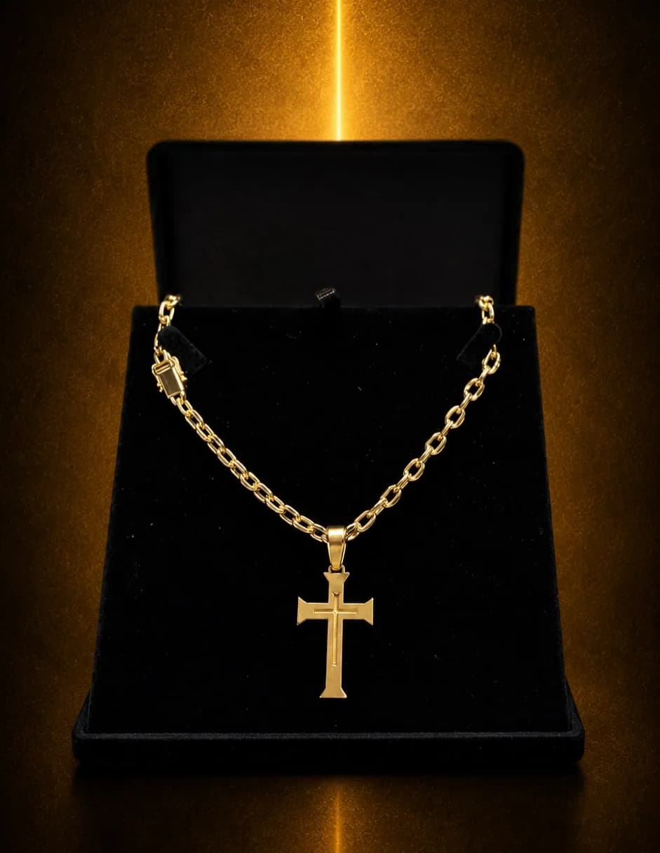 Corrente elo cadeado com crucifixo 3D em ouro